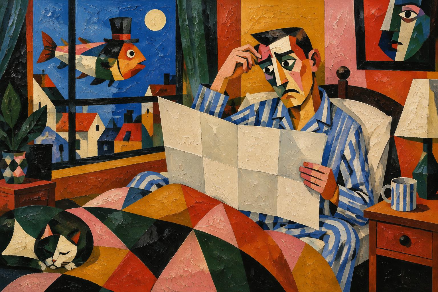 A man in striped pyjamas sits up in bed puzzling over a large folded map, a fish in a top hat at the window