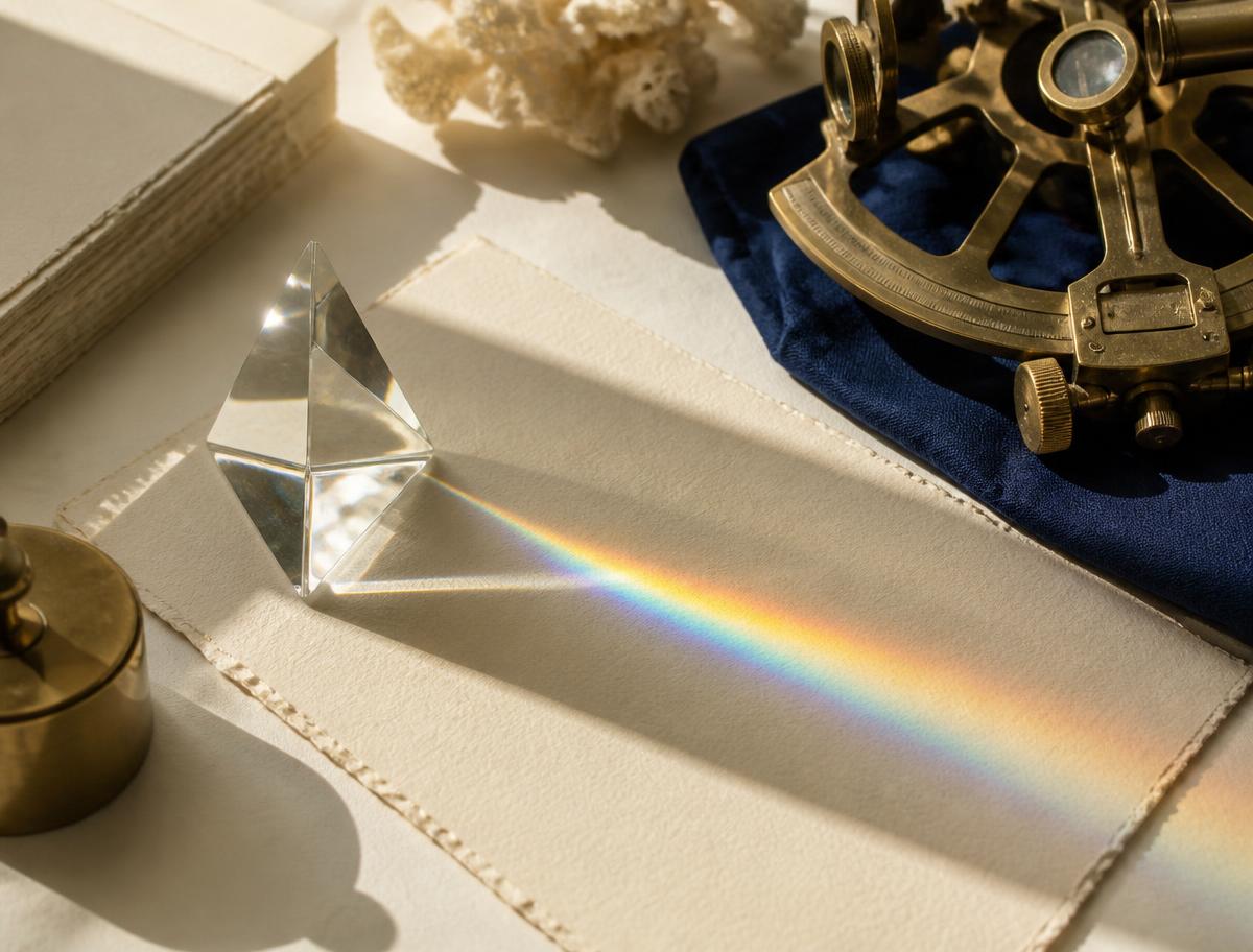 A glass prism splitting sunlight into a band of colour across cream paper