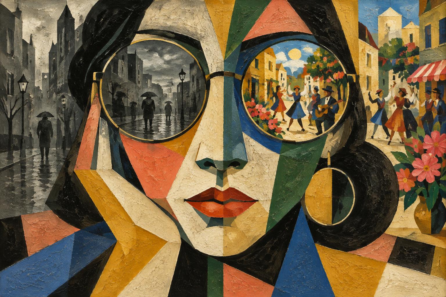 A woman's round glasses show a grey rainy street in one lens and a colourful sunny festival in the other
