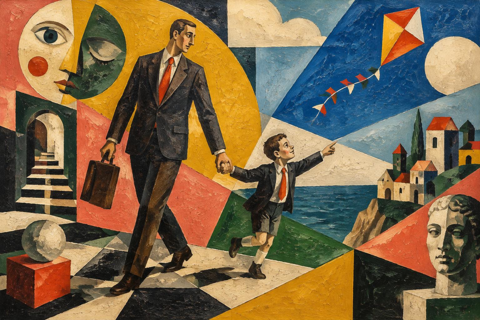 A businessman with a briefcase is pulled along by a small boy pointing at a kite