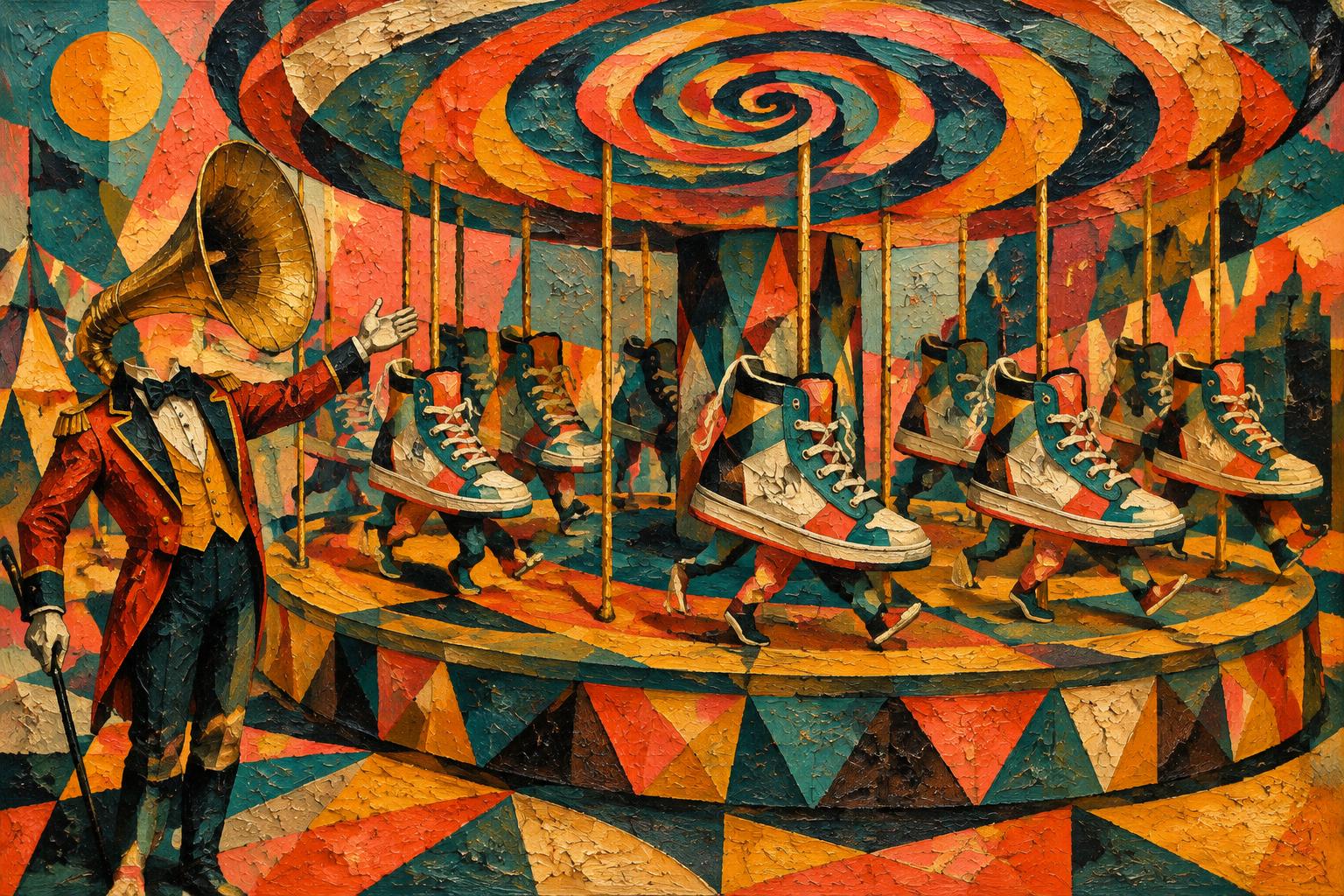 Painting of a fairground carousel where every horse is the same pair of walking shoes