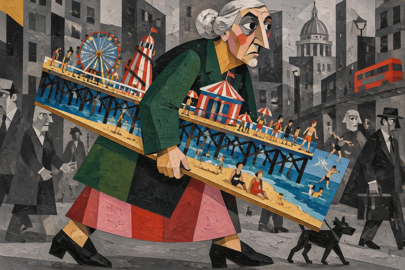 A woman carries a painting of a bright seaside pier through a grey city crowd