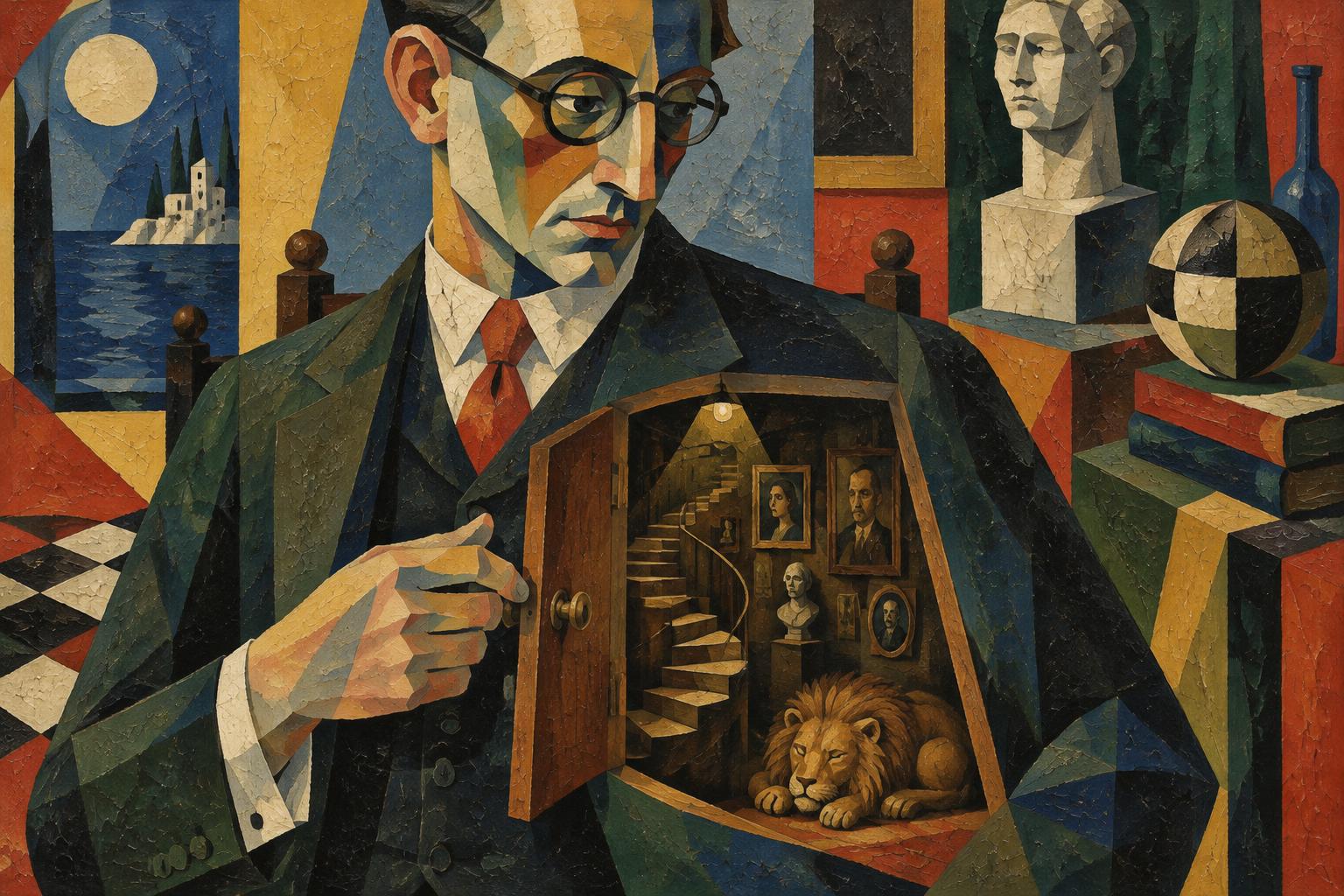 A man in glasses opens a small door in his own chest to reveal a winding staircase, portraits and a sleeping lion