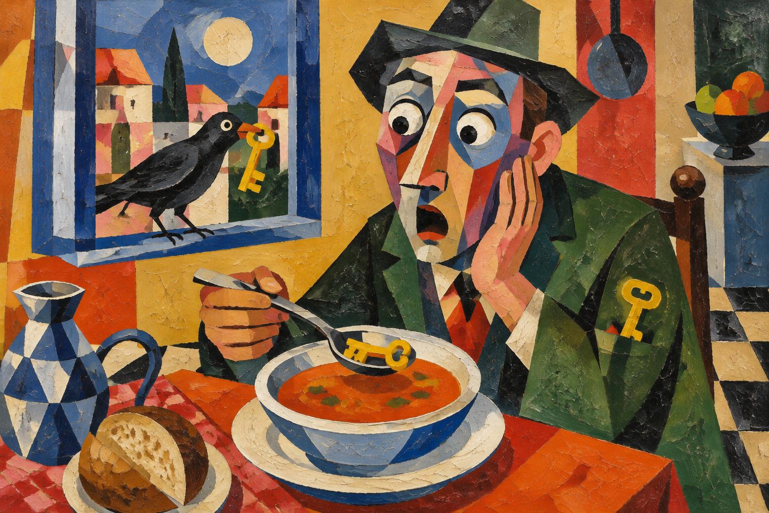 A man stares in surprise at a key in his soup spoon, a crow with a key perched at the window