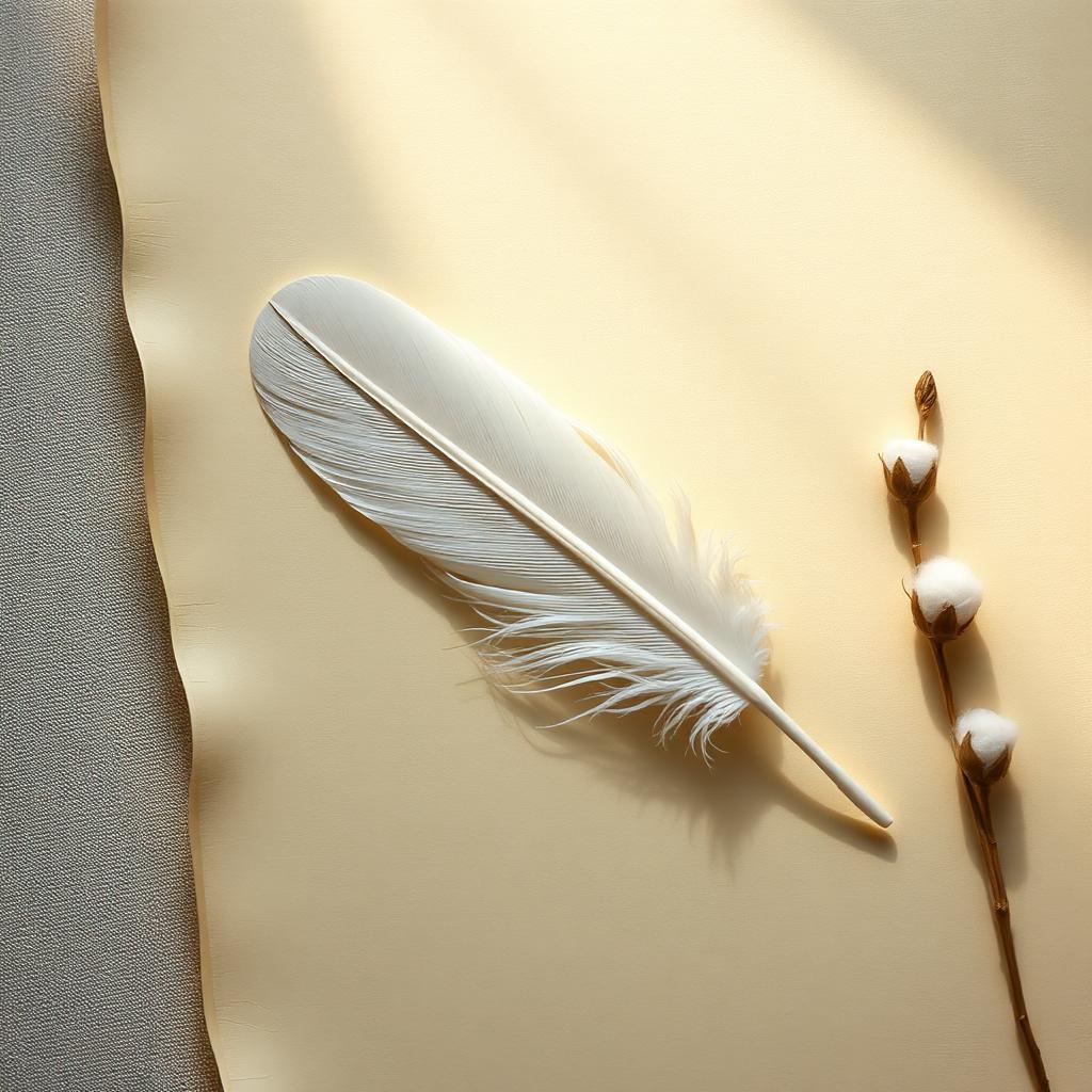 A single white feather resting on creamy unwritten parchment beside a sprig of cotton grass