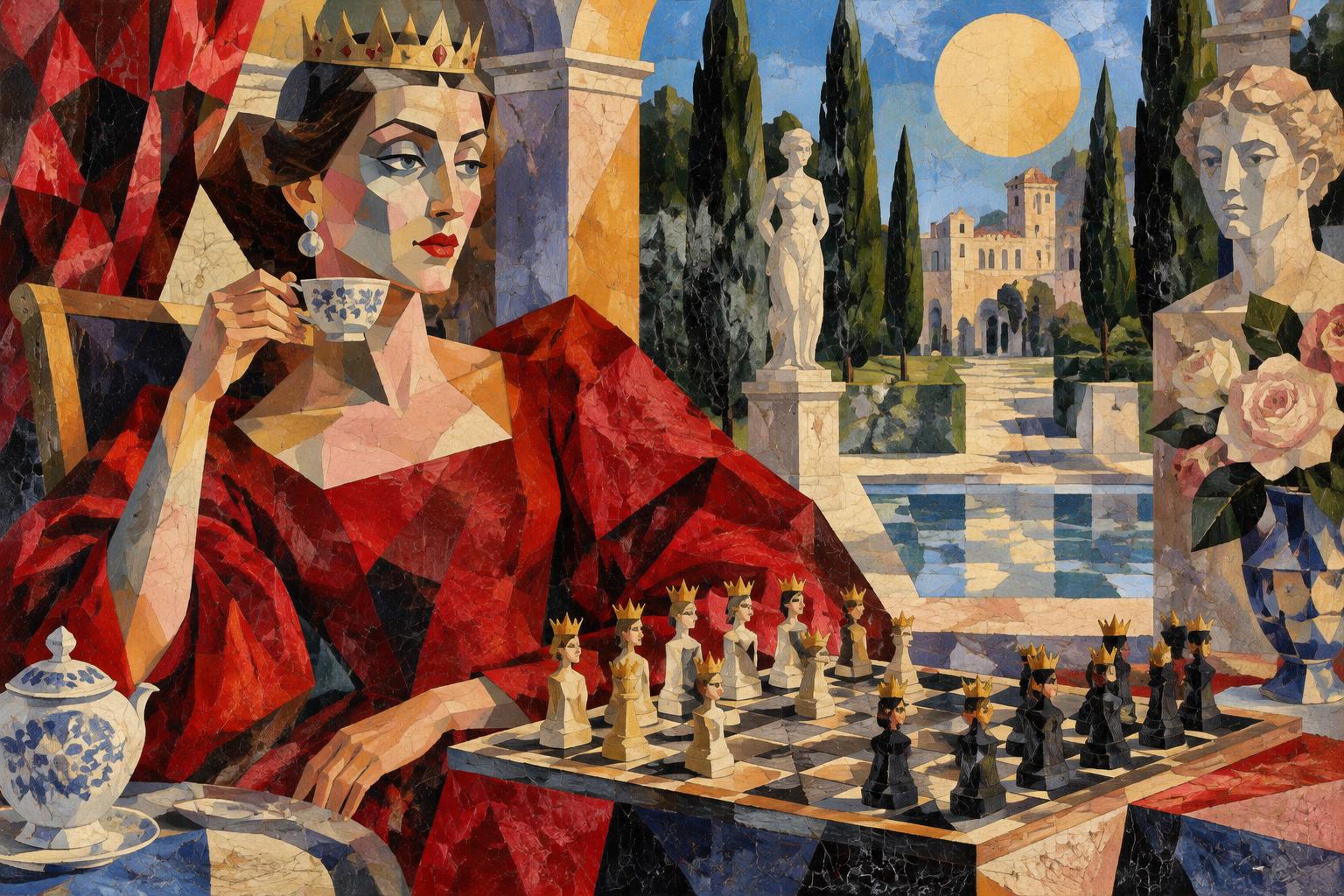 A crowned woman in red sips tea beside a chessboard on a sunny terrace with a formal garden behind her