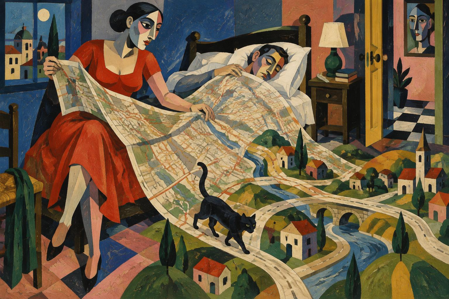 A woman unfolds a large map of a landscape across the bed of a sleeping man, a cat walking along its roads