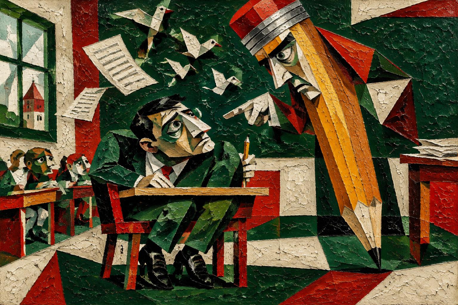 A worried pupil hunches at his desk under a giant pencil while paper planes fly overhead