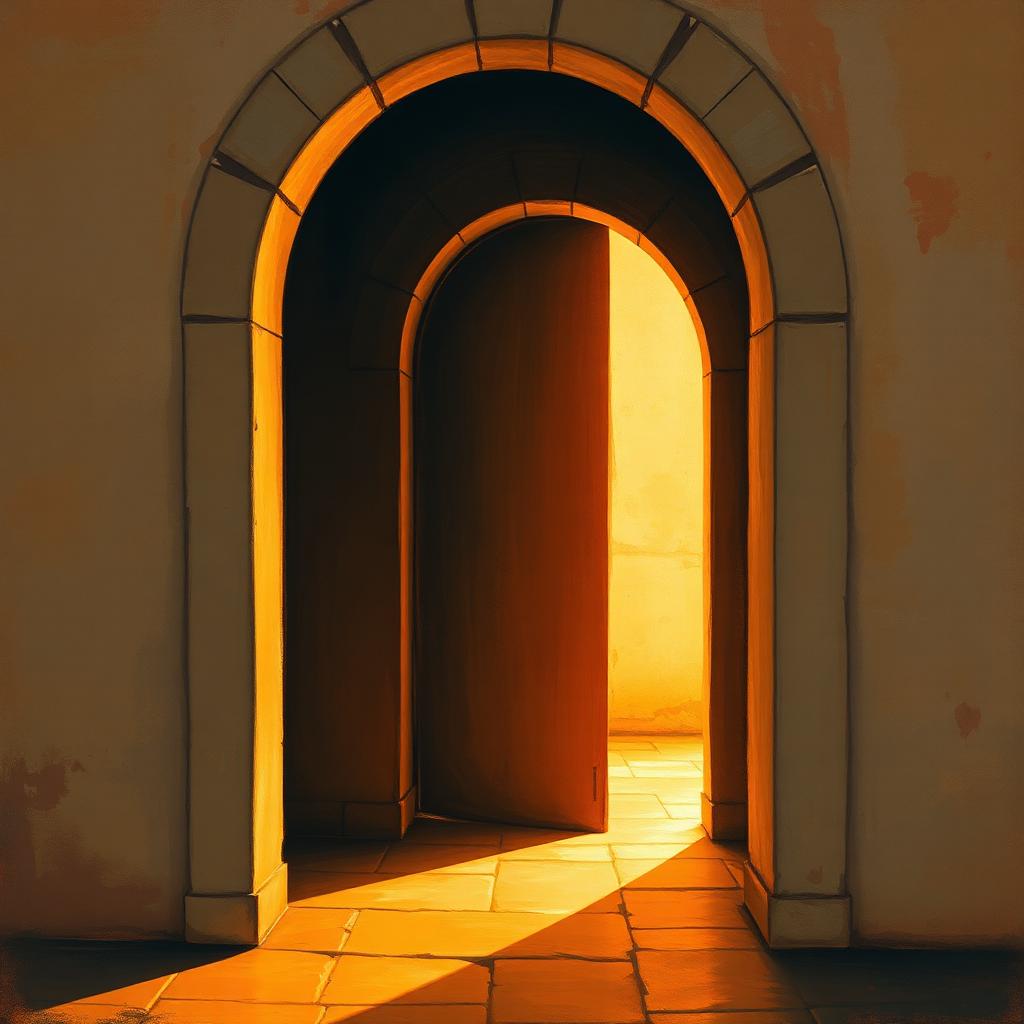 An arched doorway opening into warm interior light