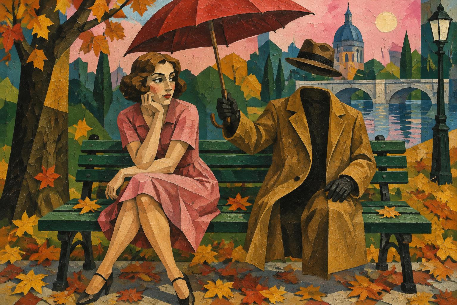 A woman sits on an autumn park bench beside an empty coat and hat holding an umbrella over her