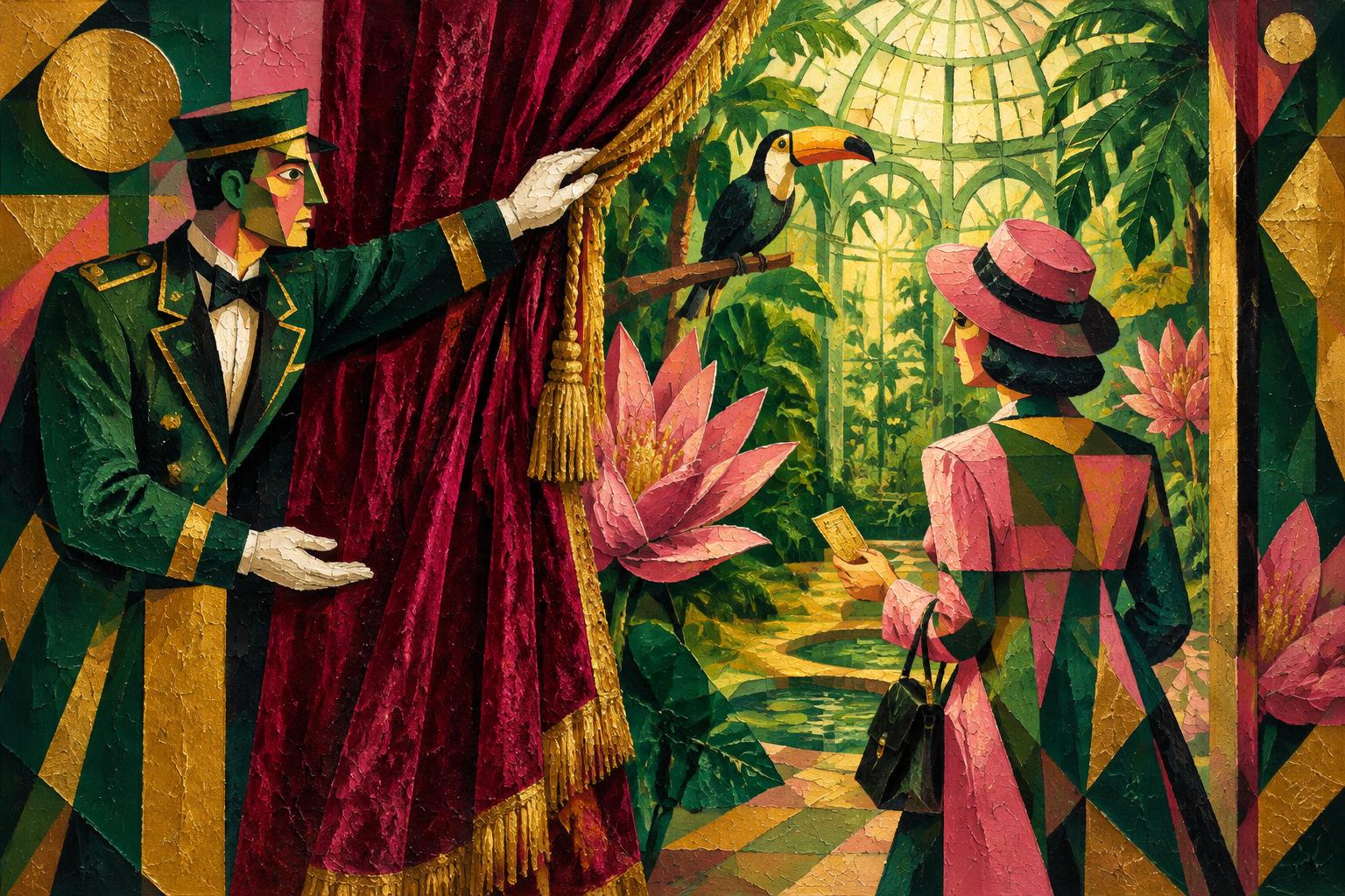 Painting of a doorman lifting a velvet curtain onto a jungle greenhouse