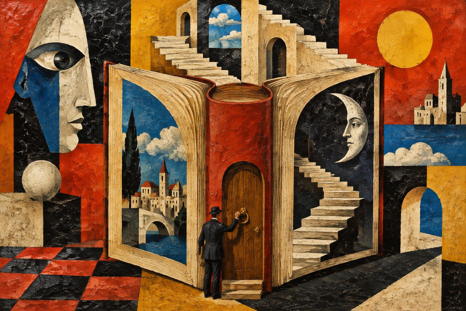 A man in a suit opens a door in the spine of a giant open book with staircases inside