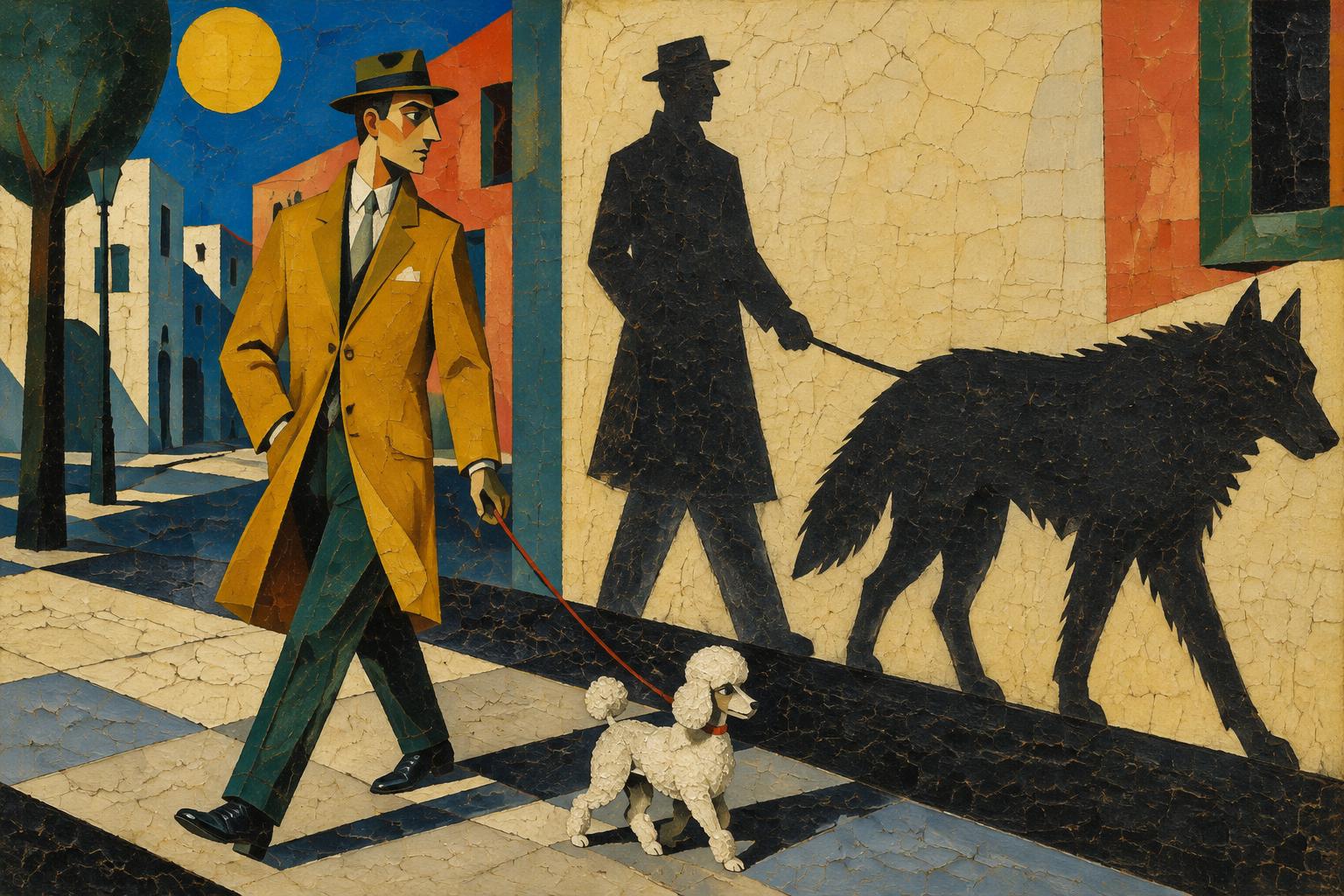 A man in a mustard coat walks a small poodle while his shadow on the wall walks a large wolf