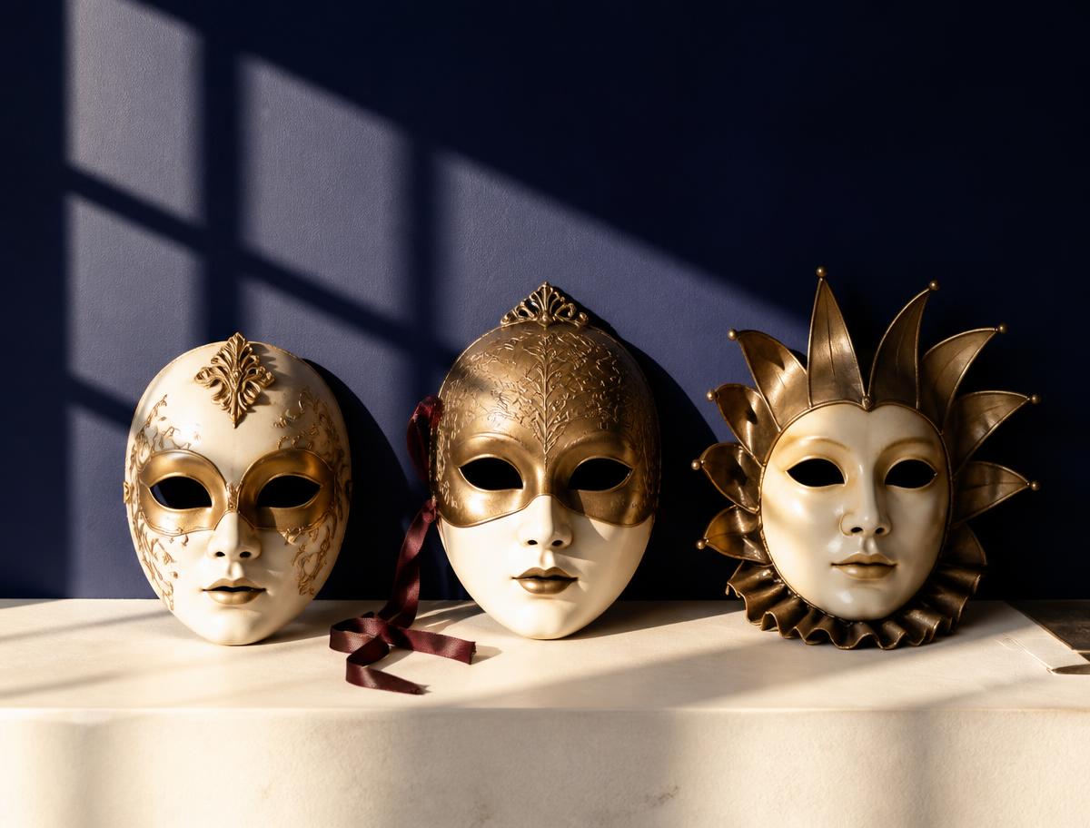 A pale ceramic mask resting on linen in gallery light