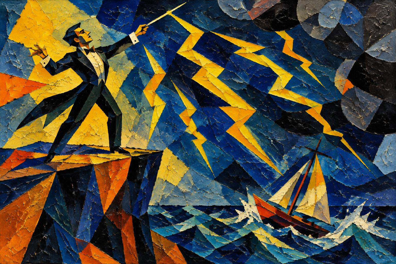 A man conducts lightning with a baton above a stormy sea and a small sailing boat
