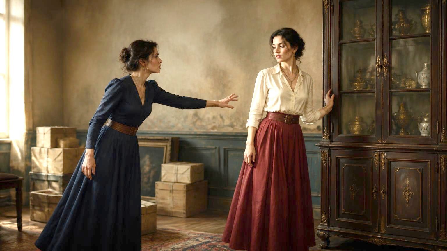 A woman rests her hand on the one cabinet still standing in a cleared room as a companion reaches out to stop her