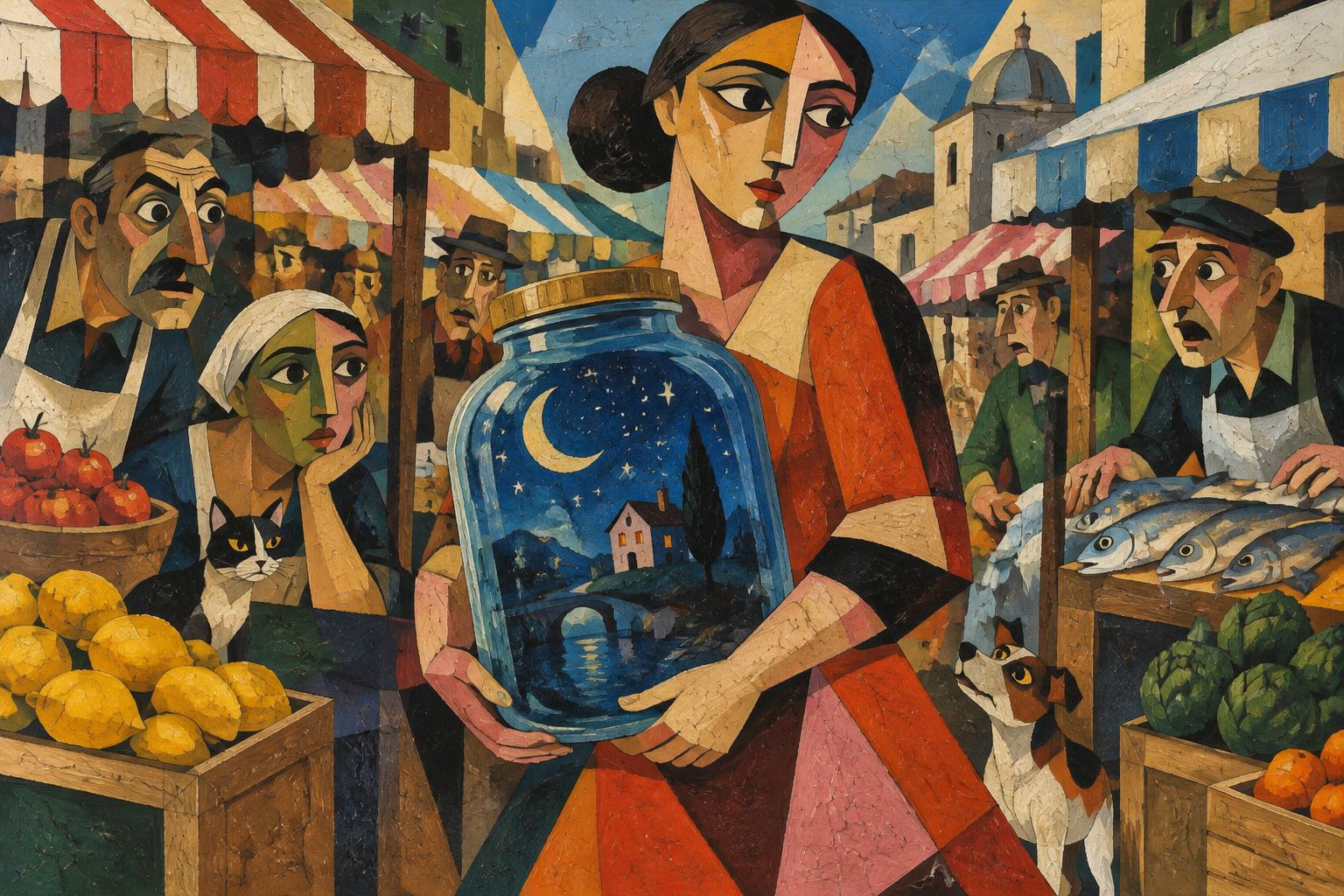 A woman carries a glass jar holding a moonlit night through a crowded daytime market