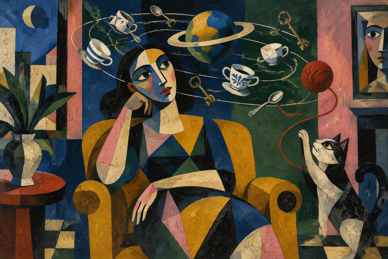 A woman sits in an armchair as teacups, spoons, keys and a ball of wool orbit her head like planets, a cat reaching up