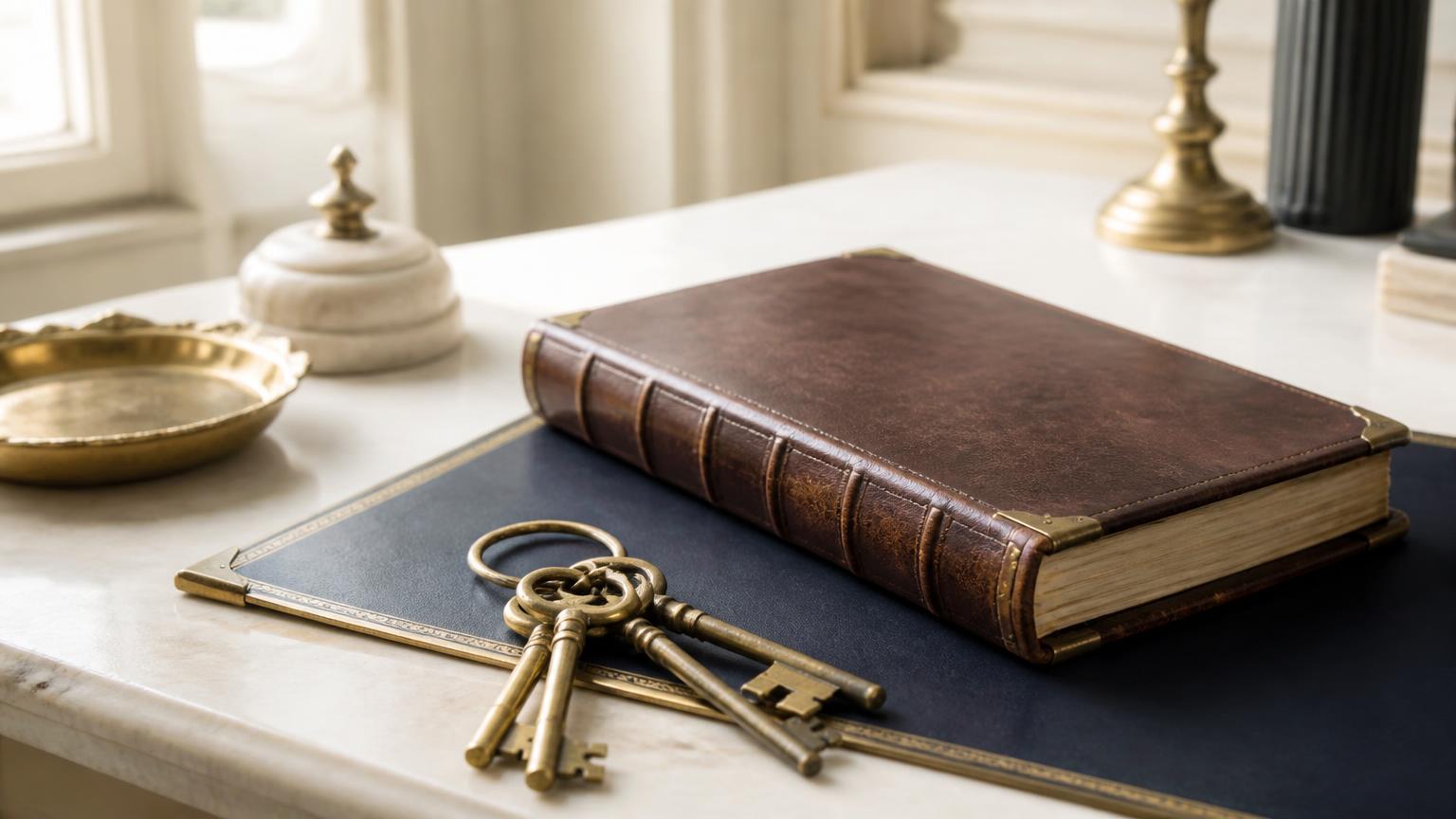 A ring of antique brass keys resting on a leather-bound ledger