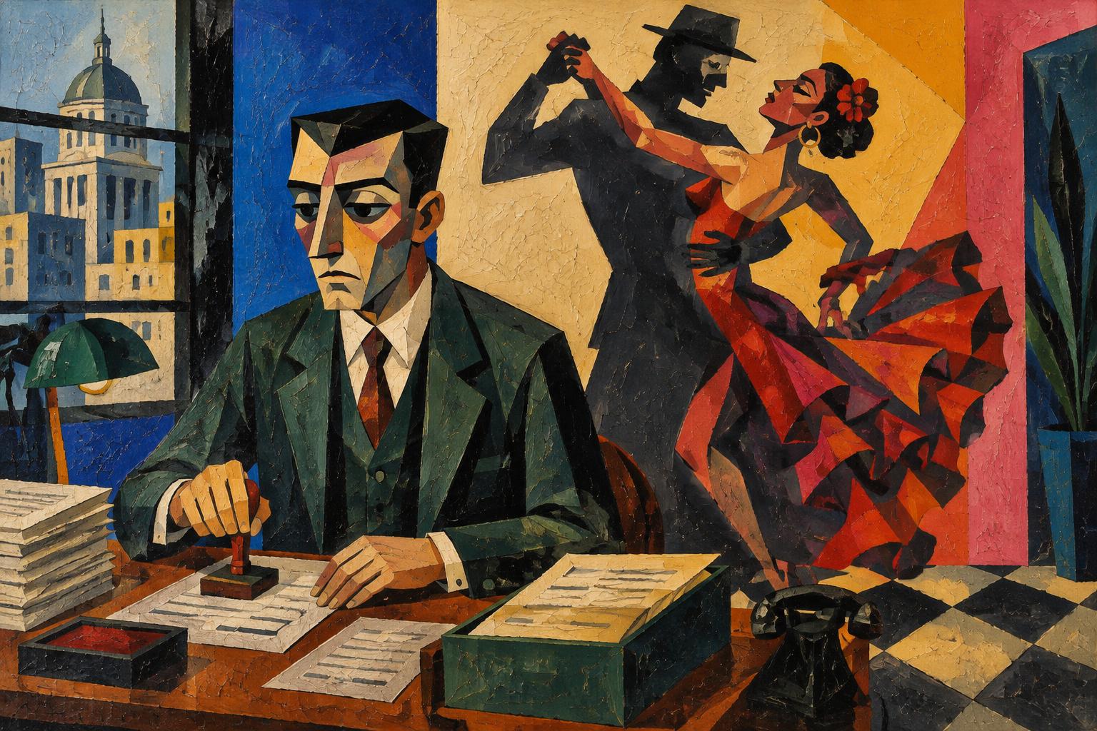 A clerk stamps papers at his desk while his own shadow dances a flamenco with a woman behind him