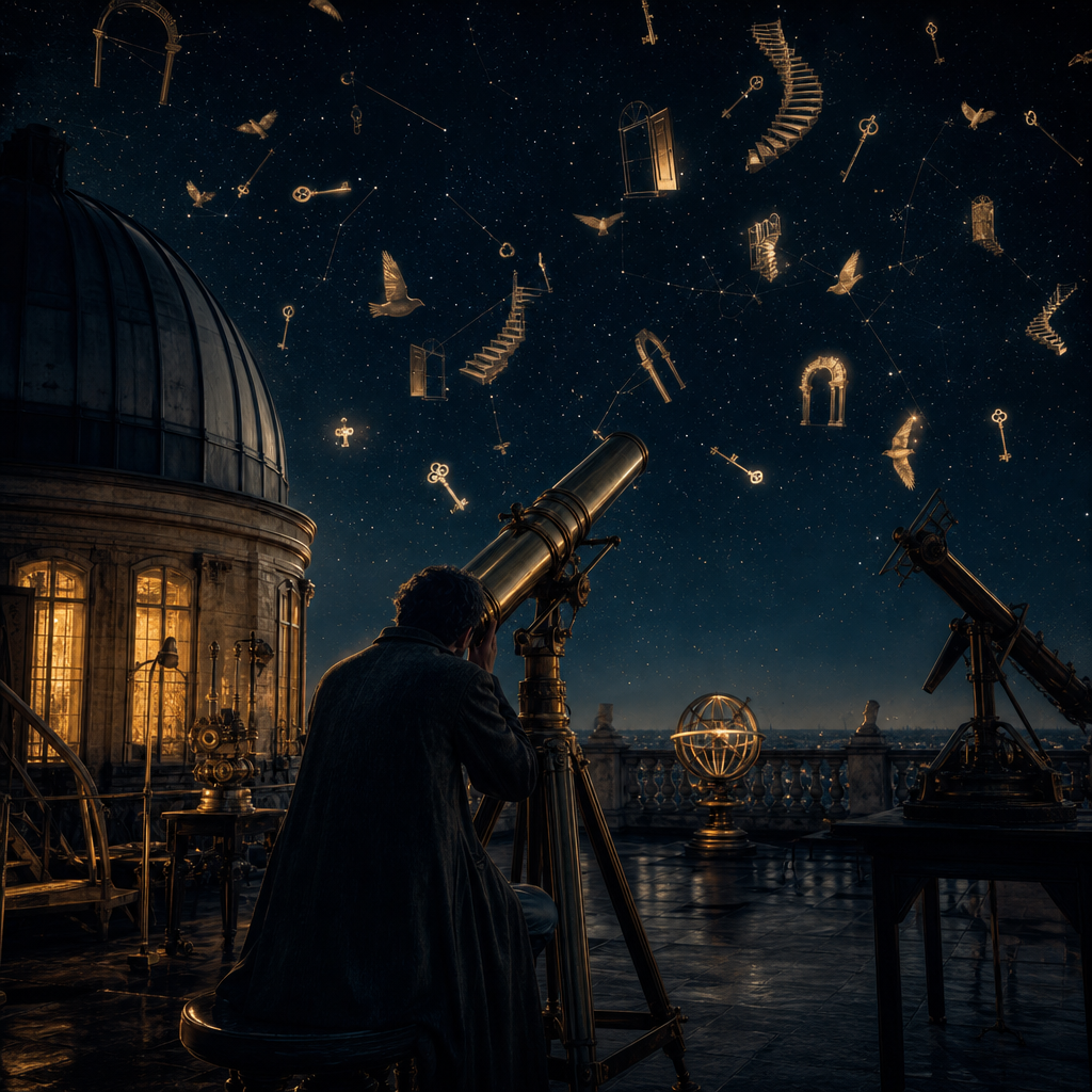 A solitary figure observing symbolic constellations through an antique telescope, representing the symbolic language of dreams.