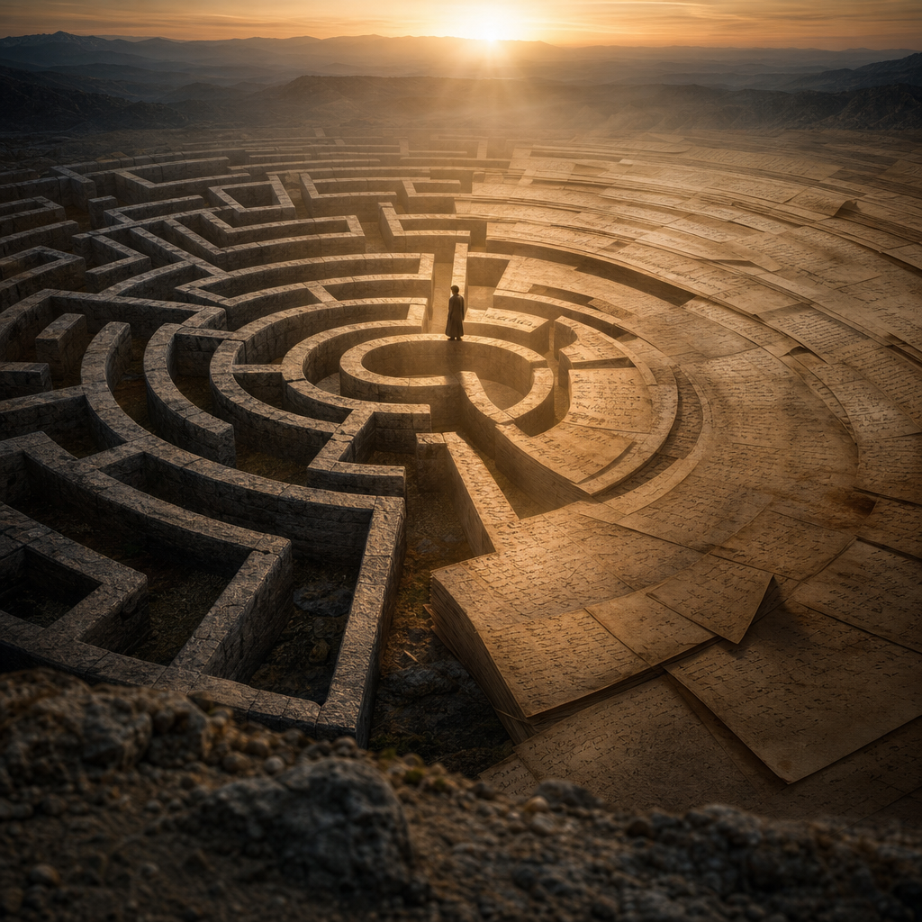 A solitary figure overlooking a labyrinth that transforms into an ancient manuscript, symbolising the discovery of the hidden psychological structure of a life.