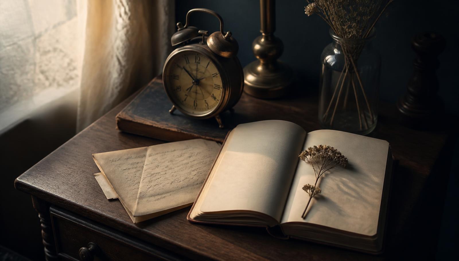 A bedside table at dawn with an antique clock, a faded handwritten letter and a pressed flower in an open notebook, symbolising memory and unfinished chapters.