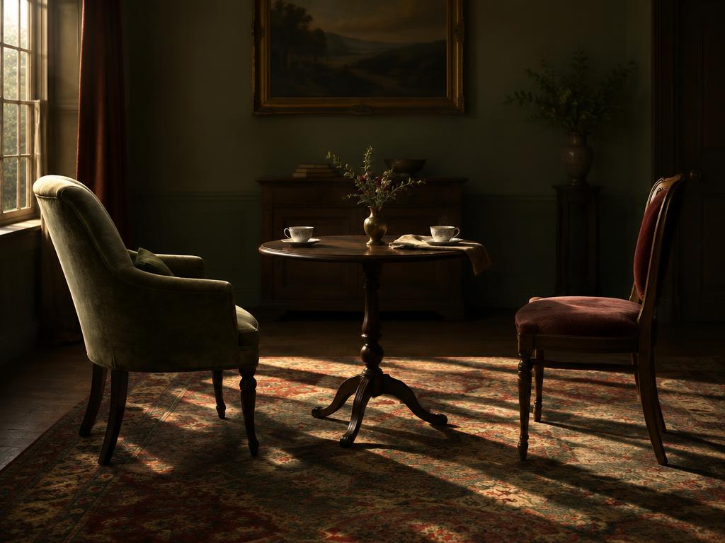 Two chairs facing each other across a small table in a dim parlour, one set slightly apart.