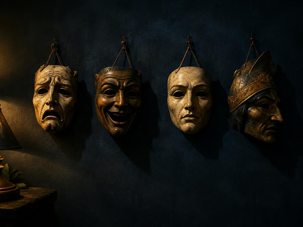 Four antique theatre masks hanging on a dark indigo wall, lit from one side by a lamp.