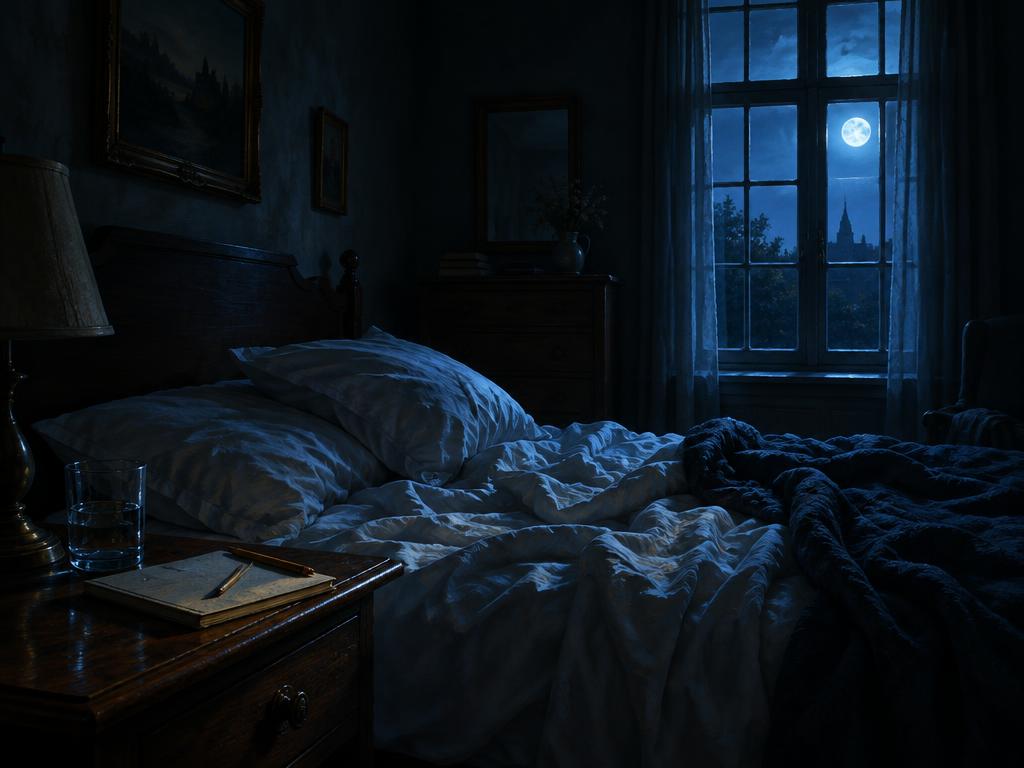 A moonlit old bedroom with an unmade bed and a notebook and pencil on the bedside table.