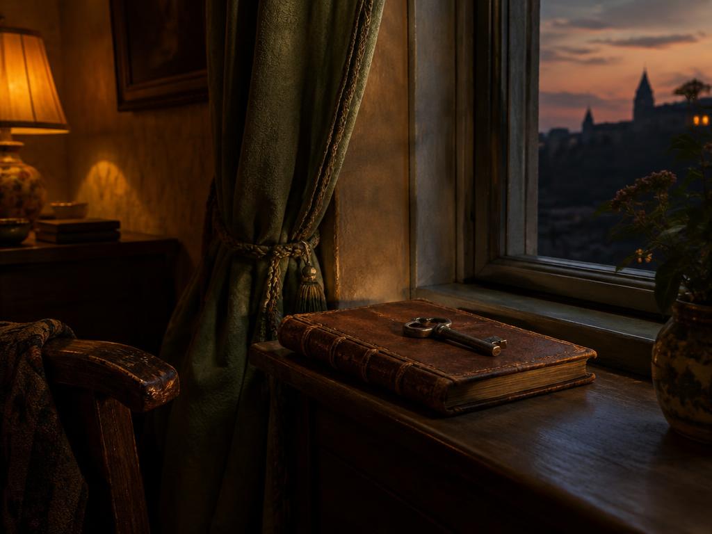 A worn leather journal on a windowsill at dusk with an old iron key resting on its cover.