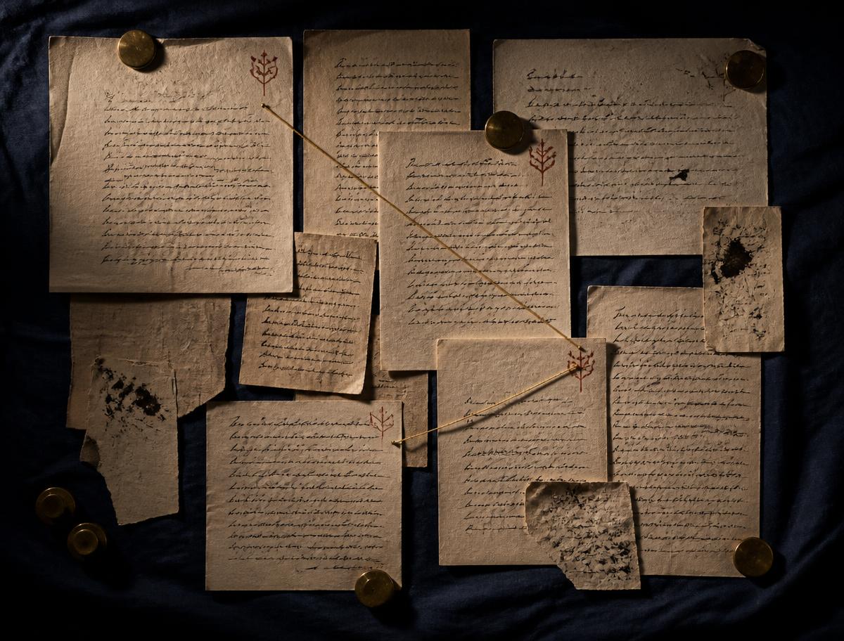Overlapping handwritten pages on dark linen, three of them marked with the same motif and joined by a brass thread.