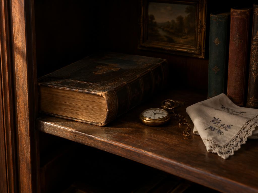 An old family bible, a pocket watch and an embroidered handkerchief on a wooden bookshelf in side light.