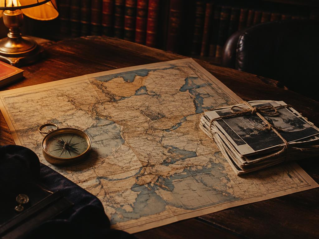 An old hand-drawn map on a library table with a brass compass and a bundle of family photographs tied with string.