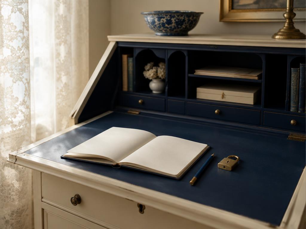 An open writing bureau with a blank notebook, a pencil and a small brass padlock.