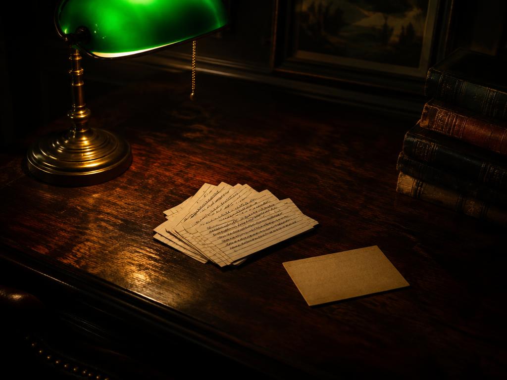 Handwritten index cards fanned on a dark oak desk under a green banker's lamp, one card turned face down.
