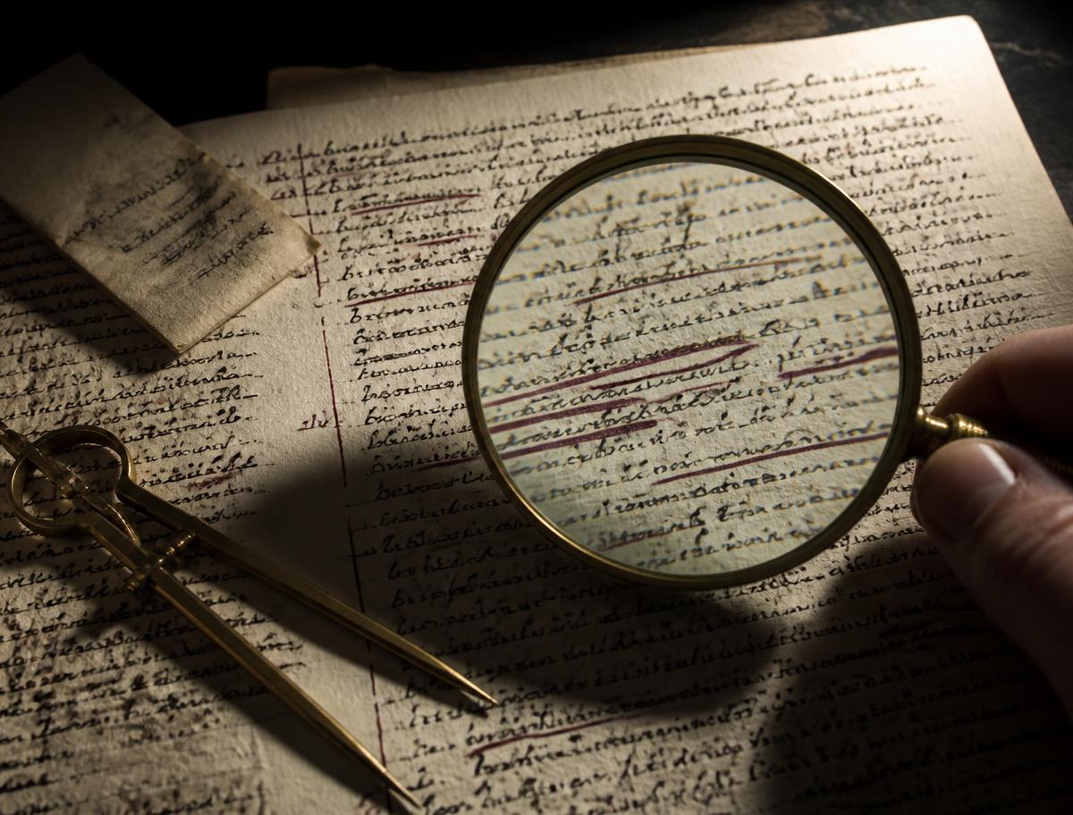 A brass reading lens and dividers held over a page of annotated handwritten notes.