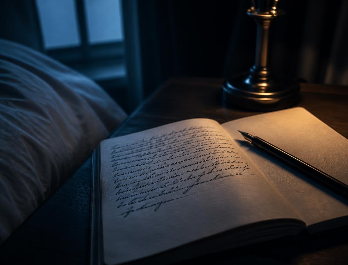 An open journal half filled with handwriting beside a bedside lamp in early morning light.