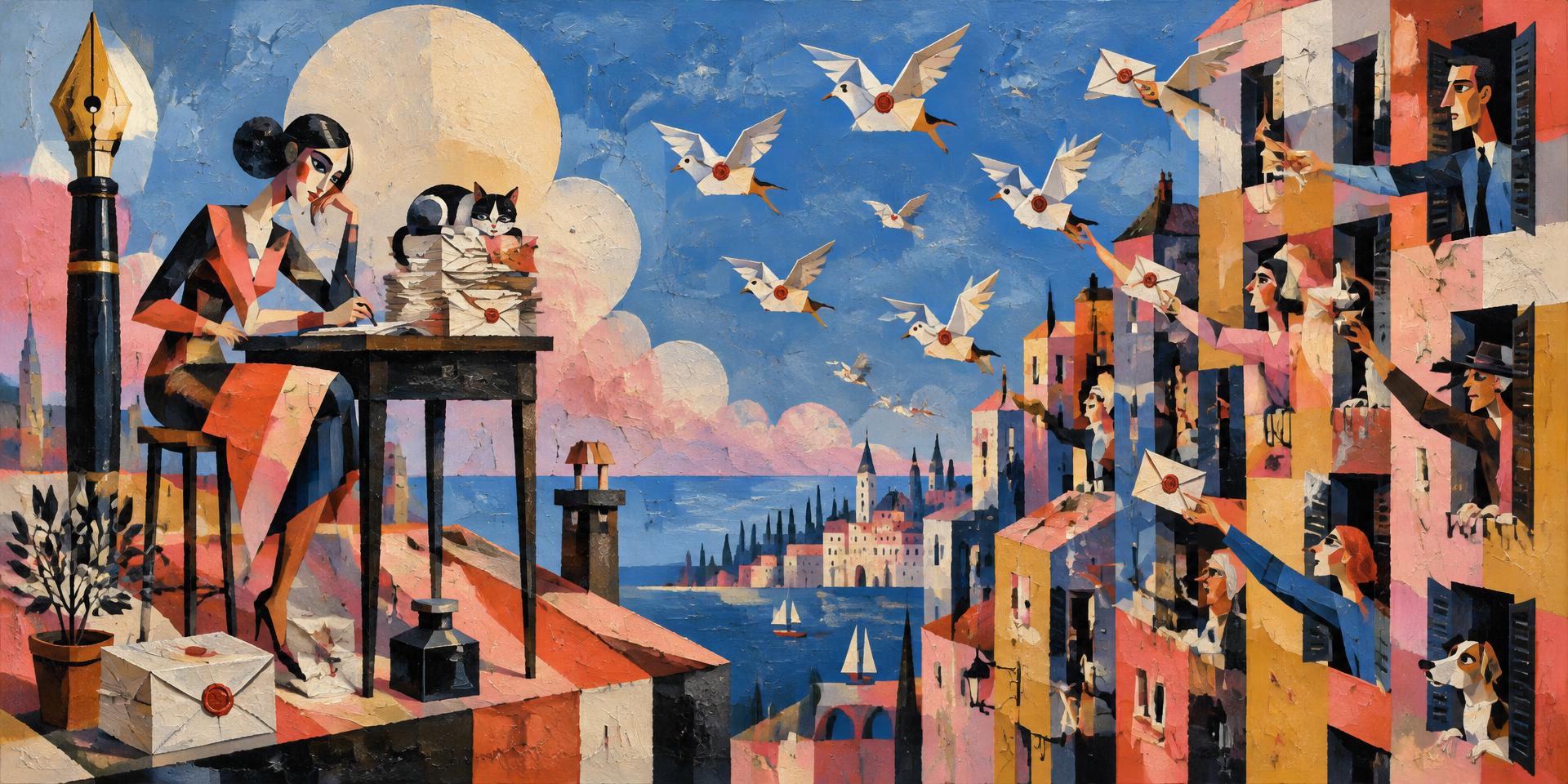 Painting of a woman at a rooftop writing desk answering letters that fly in like paper birds from the windows below, a cat asleep on the post