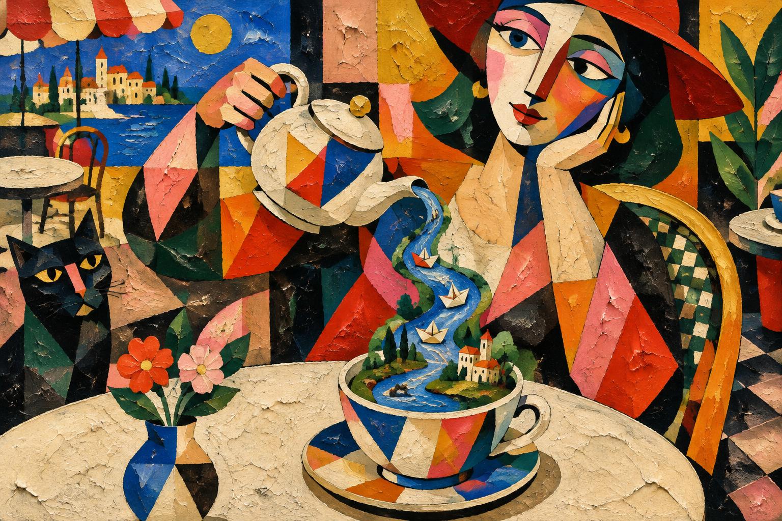 Painting of a woman lifting the lid of a cup to find a tiny garden inside, watched by a black cat among red flowers