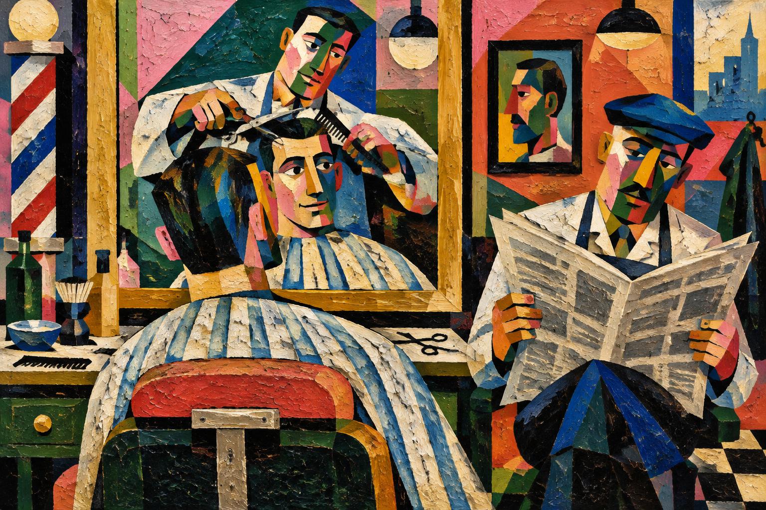 Painting of a woman trimming her reflection with scissors while a man in a blue beret reads the newspaper beside her
