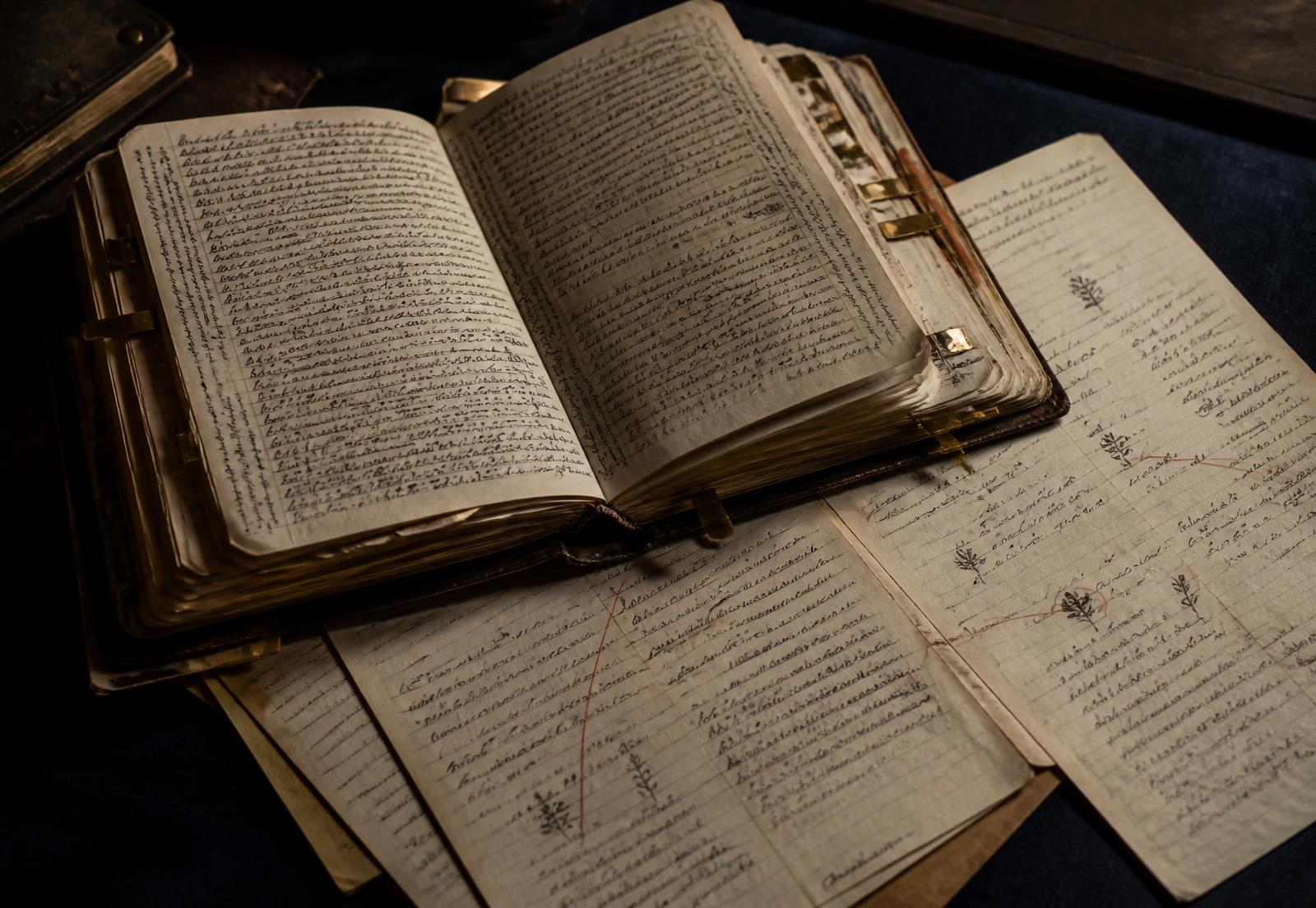 A heavily used dream journal open on a navy desk, surrounded by loose dated pages whose repeated motifs are circled and linked in oxblood pencil