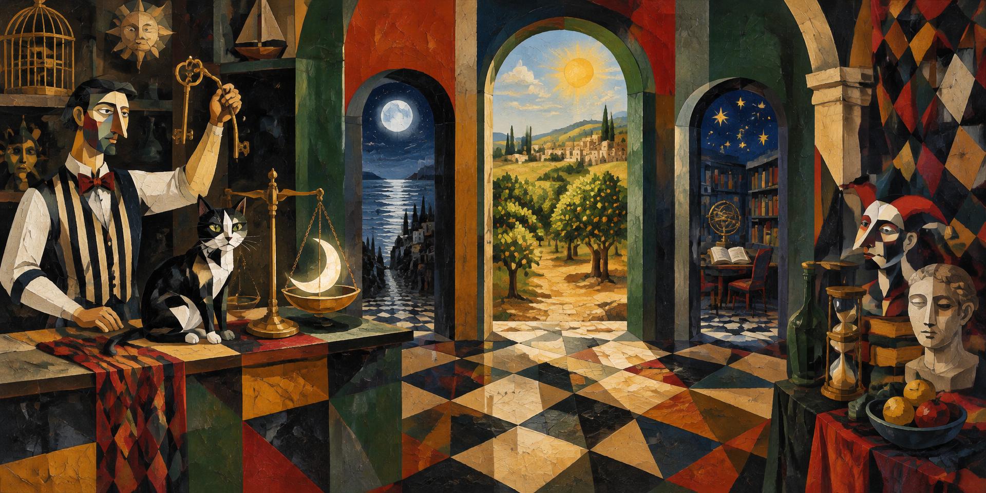 Painting of a shopkeeper holding up a brass key while a cat weighs a crescent moon on scales, beside three doorways opening onto a moonlit sea, a sunlit orchard and a starry library