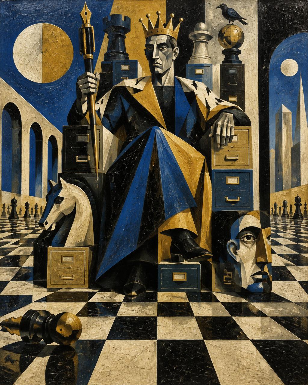 A composed figure stands within an ordered environment under pressure, expressing leadership, responsibility and control