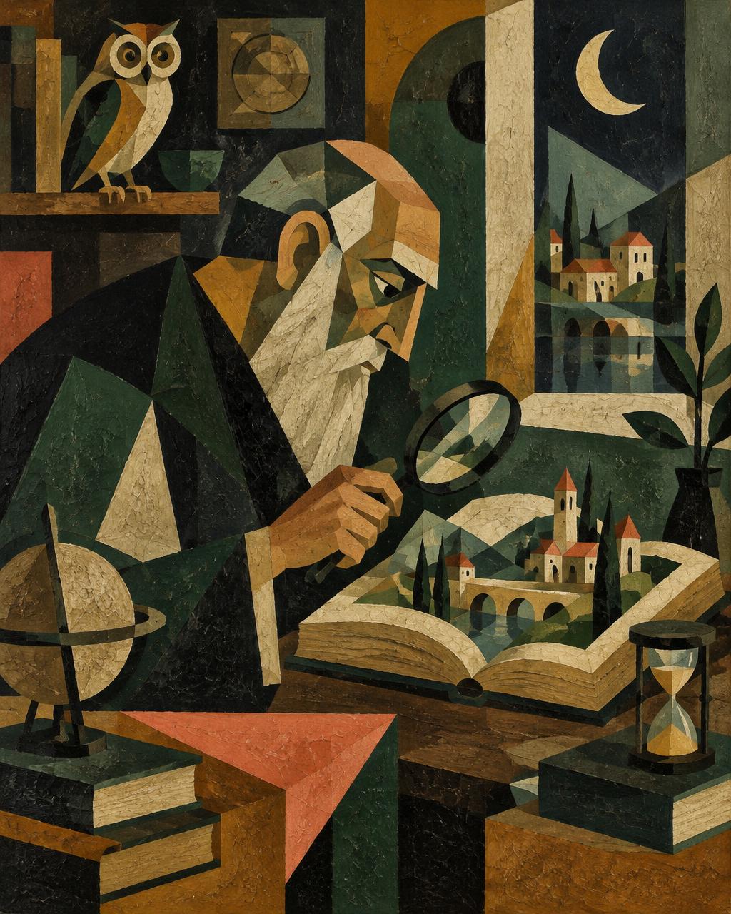 A thoughtful figure studies patterns and evidence, conveying wisdom, discernment and the search for truth